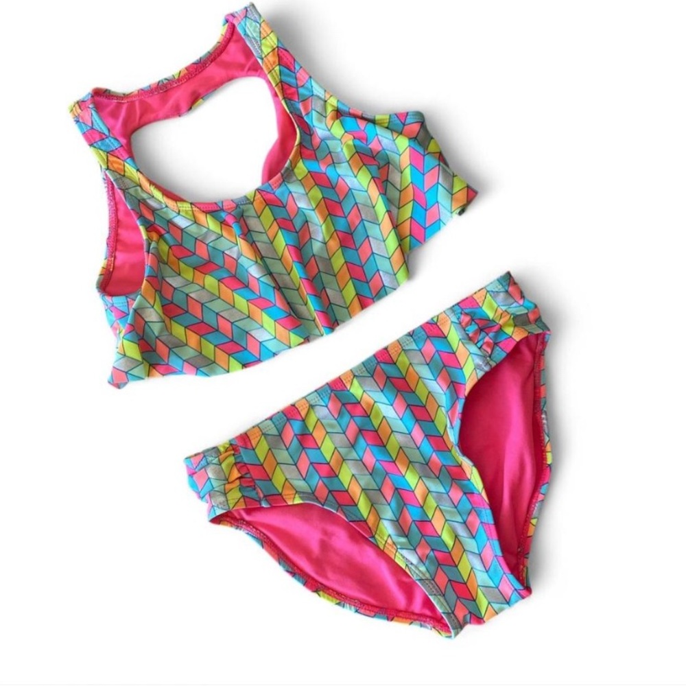 SO Girls Size 12 Large Geometric Bikini Set Pink Blue Yellow Swim New
